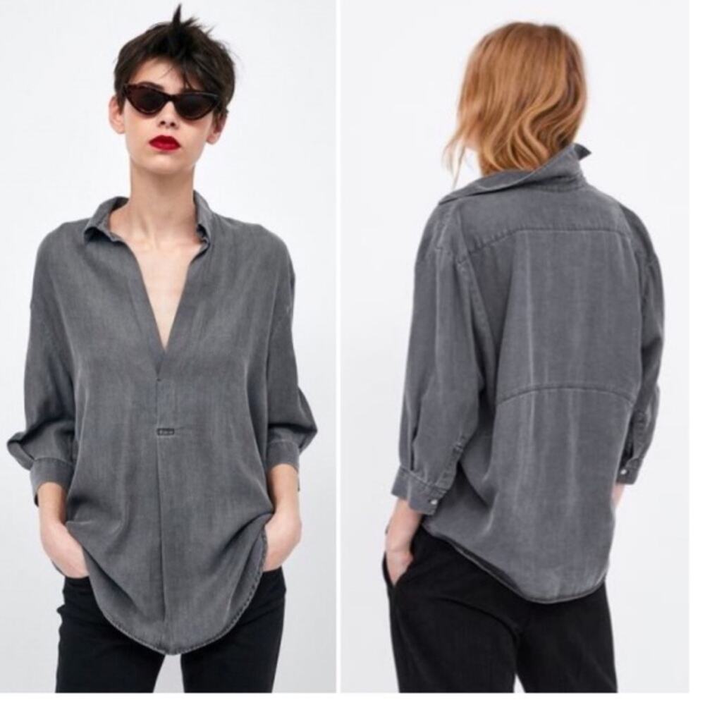Zara Washed Charcoal Gray V-Neck Button-Tab Blouse